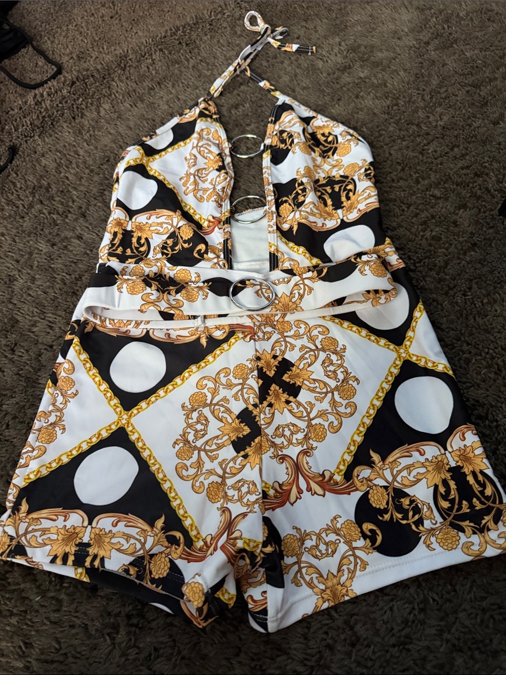 🏵️⛵️🚤🛳️⛴️🚢SHEIN Black White and Gold Baroque Halter Romper Swim Cover